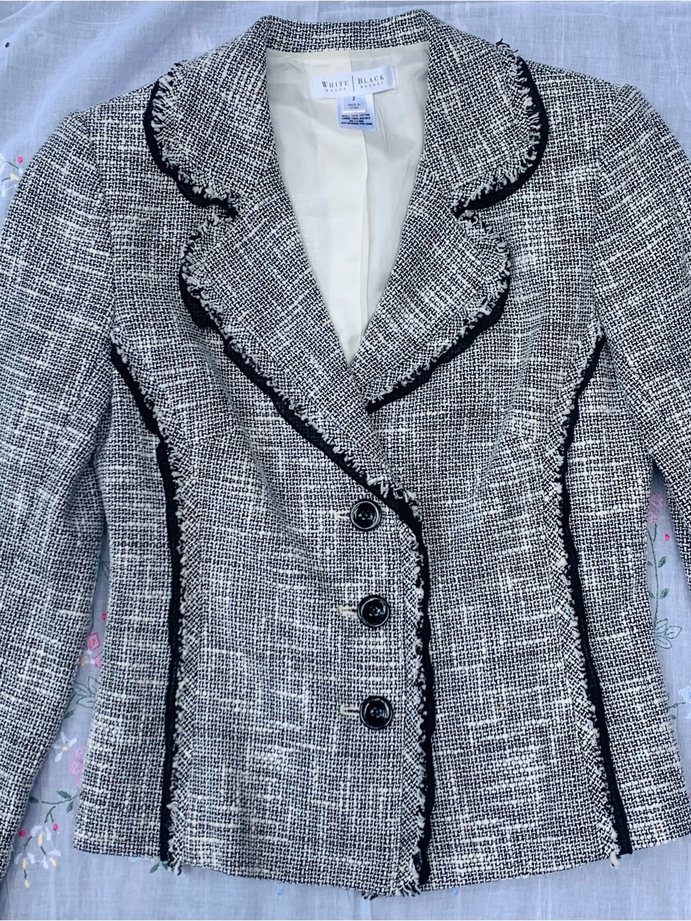 White House Black Market Black and White Tweed Fringe-Trim Blazer